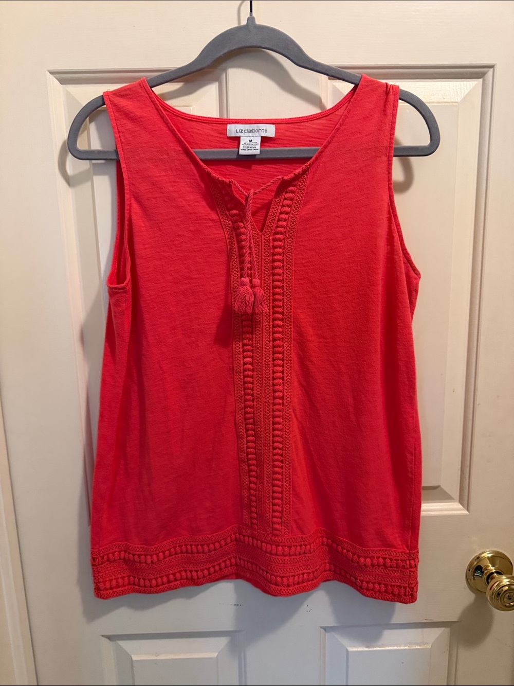 Liz Claiborne Coral-Red Sleeveless Tank with Tassel Detail
